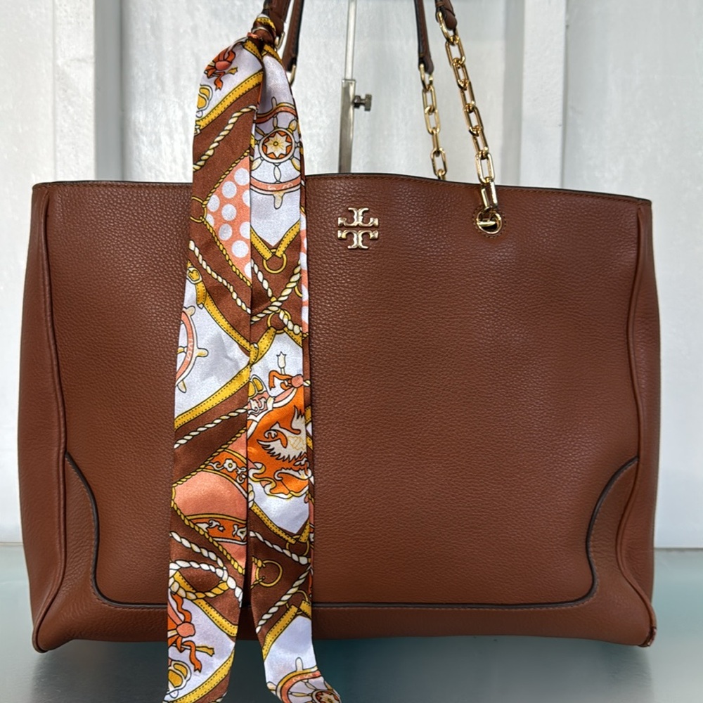 Tory Burch Bag Large Brown Leather Tote with Chain-Link Handles - Picture 3 of 17